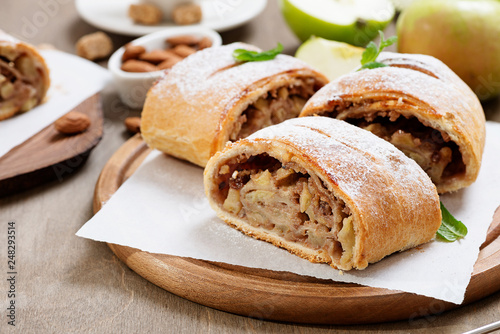 Homemade apple strudel with fresh apples, nuts and powdered sugar. photo