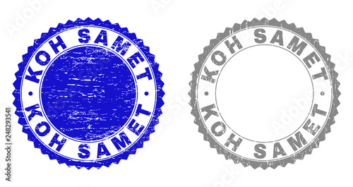 Grunge KOH SAMET stamp seals isolated on a white background. Rosette seals with grunge texture in blue and gray colors. Vector rubber stamp imitation of KOH SAMET title inside round rosette.