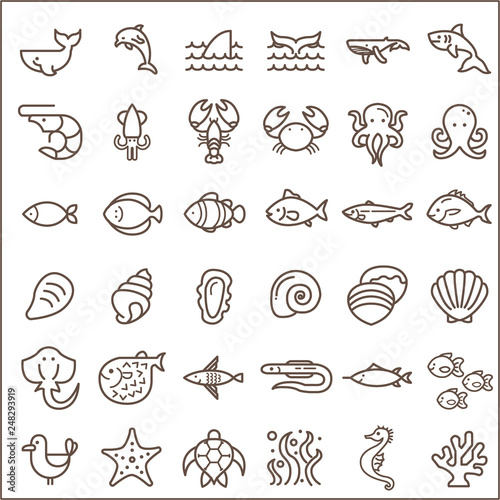 Set of sea creatures and ocean Vector Icons.Contains such Icons as Nautical Creatures   sea food  sea  ocean  fish  coral  sea horse  seaweed  turtle And Other Elements. 