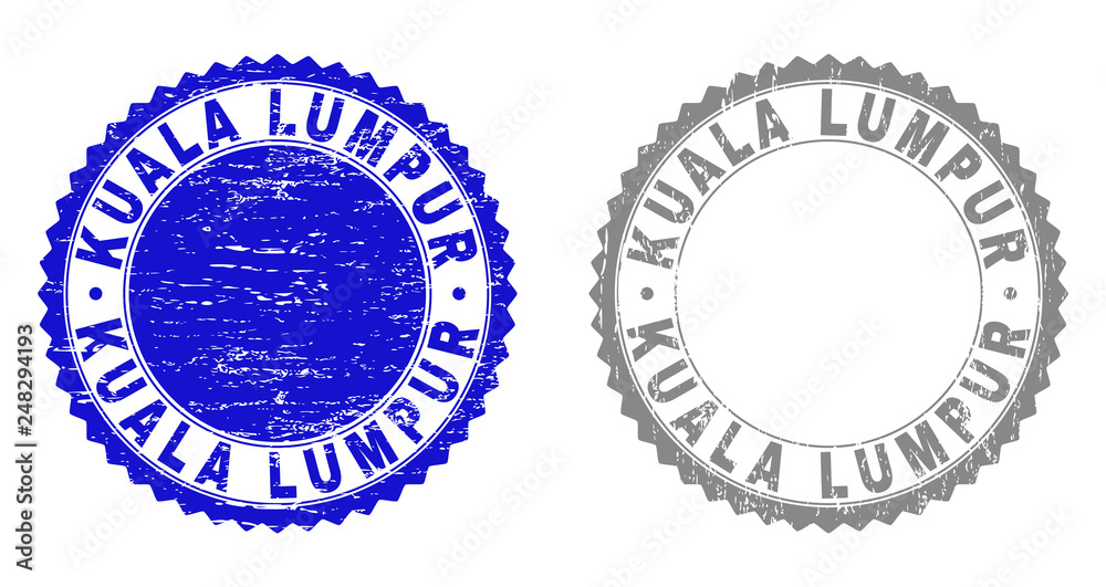 Grunge KUALA LUMPUR stamp seals isolated on a white background. Rosette seals with grunge texture in blue and grey colors. Vector rubber stamp imitation of KUALA LUMPUR title inside round rosette. Grunge KUALA LUMPUR stamp seals isolated on a white background. Rosette seals with grunge texture in blue and grey colors. Vector rubber stamp imitation of KUALA LUMPUR title inside round rosette.