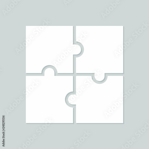 Four blank puzzle pieces. Puzzle for web, information or presentation design, infographics. White puzzle on gray background. Vector illustration