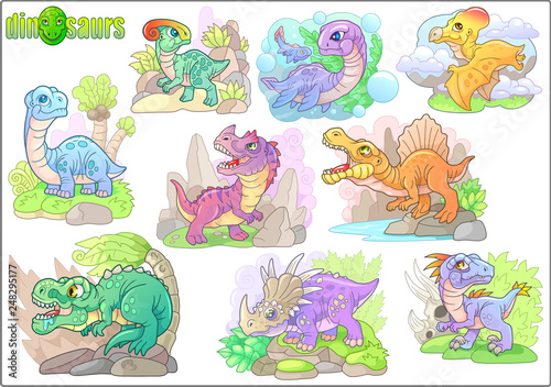 Fototapeta Naklejka Na Ścianę i Meble -  cute cartoon prehistoric dinosaurs, set of funny images