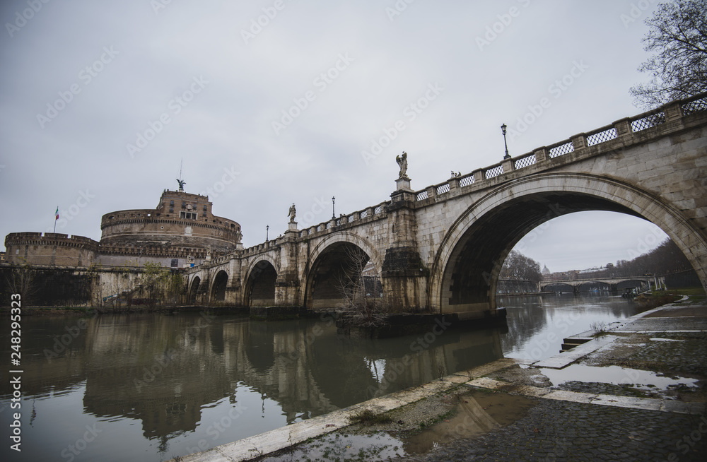 Panoramic view on the Aelian Bridge (Ponte Sant'Angelo ) and Castle Sant'Angelo in Rome Italy