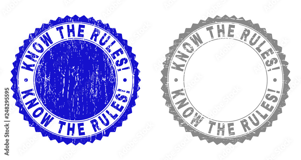 Grunge KNOW THE RULES! stamp seals isolated on a white background. Rosette seals with grunge texture in blue and gray colors.