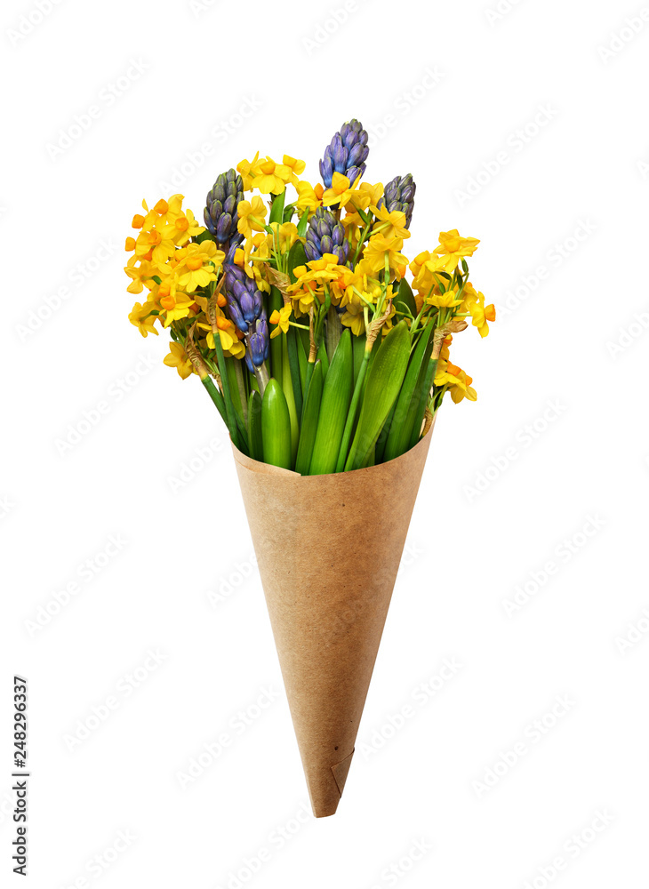 Hyacinth and narcissus flowers in a craft cornet
