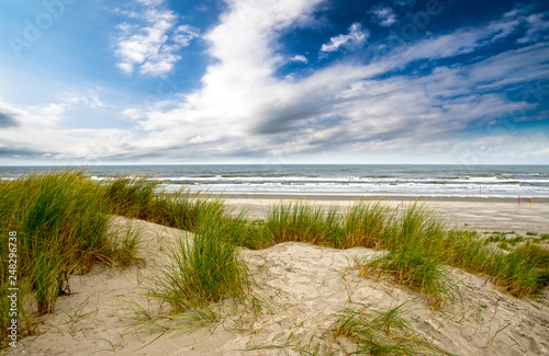 Fototapeta Naklejka Na Ścianę i Meble -  Dune beach on the North Sea island Langeoog in Germany with clouds on a beautiful summer day, holidays in Europe