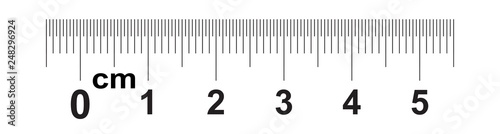 Ruler 5 centimeter. Ruler 50 mm. Value of division 0.5 mm. Precise length measurement device. Calibration grid.