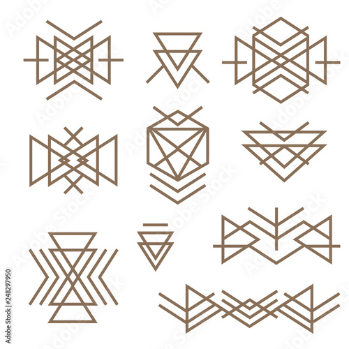 Abstract monotone geometric shapes with variety of pattern in aztec - mayan style for t-shirt, corporate business or technology identity design, online presentation website element, and illustration