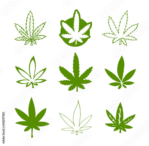 Vector hand drawn icon illustration set of green hemp cannabis leaf