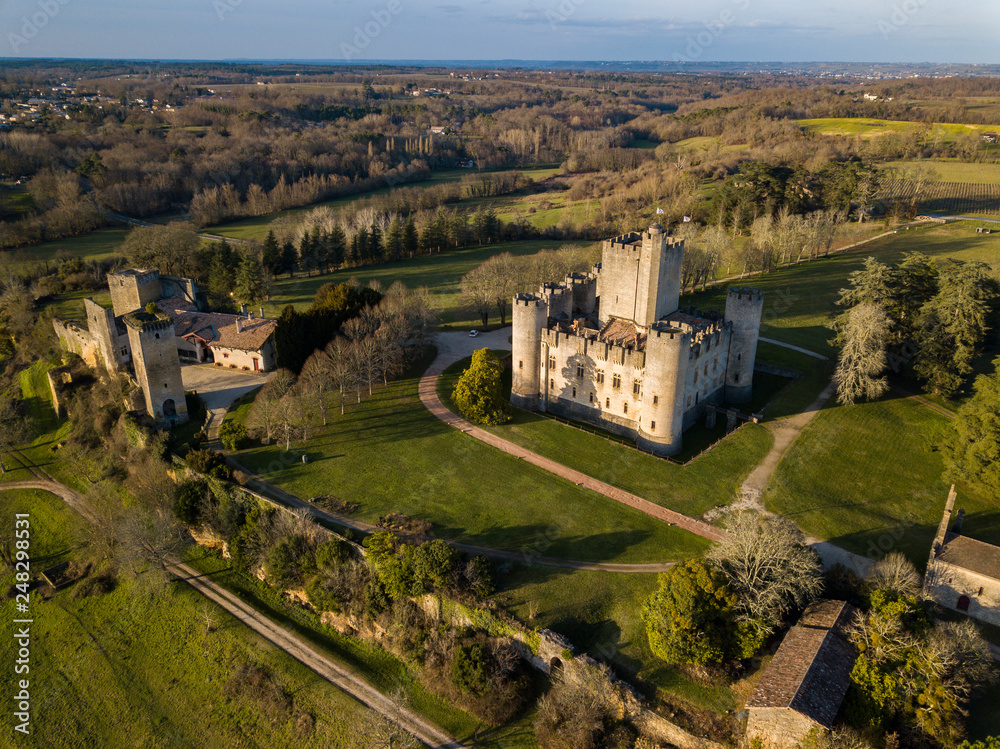 Aerial view, Roquetaillade Castle film by drone, South-western France