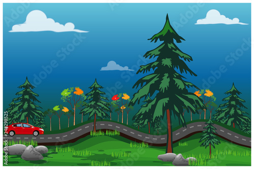 red car run on the road in forest vector design