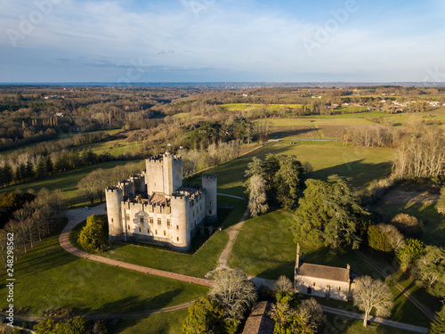 Aerial view, Roquetaillade Castle film by drone, South-western France