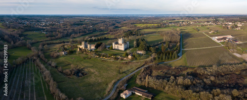 Aerial view, Roquetaillade Castle film by drone, South-western France photo