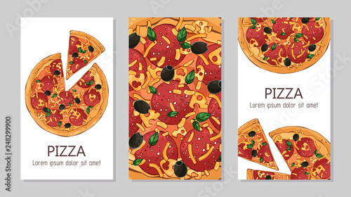 Vector colorful illustrations on the pizza theme; pizzas from different recipes. Template for advertising products. Cards for your design.