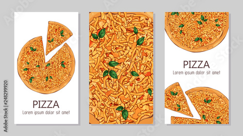 Vector colorful illustrations on the pizza theme; pizzas from different recipes. Template for advertising products. Cards for your design.