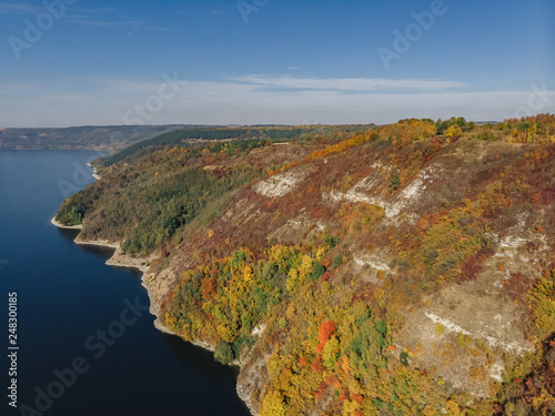 Bakota bay, Ukraine, scenic aerial view to Dniester, stones above the lake water, sunny day