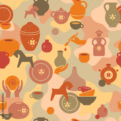 Pottery seamless pattern with the hands of an artisan, a ceramic woman, a clay horse, vases, plates, teapots, jugs and terrels. Seamless pottery pattern.