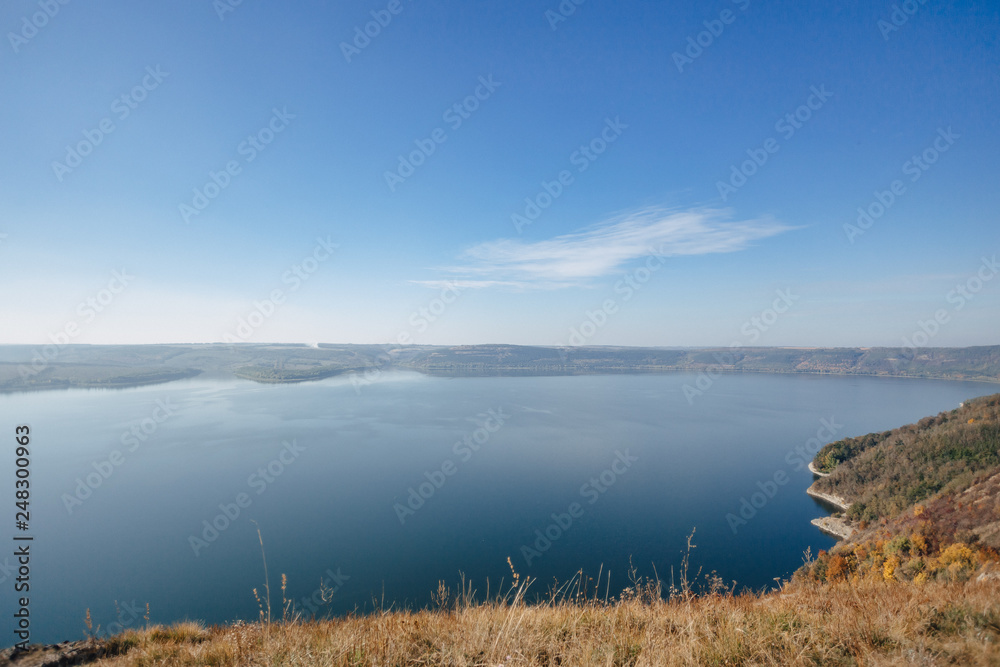 Bakota bay, Ukraine, scenic aerial view to Dniester, lake water, sunny day