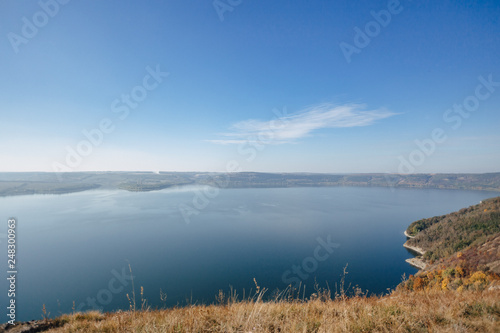 Bakota bay  Ukraine  scenic aerial view to Dniester  lake water  sunny day