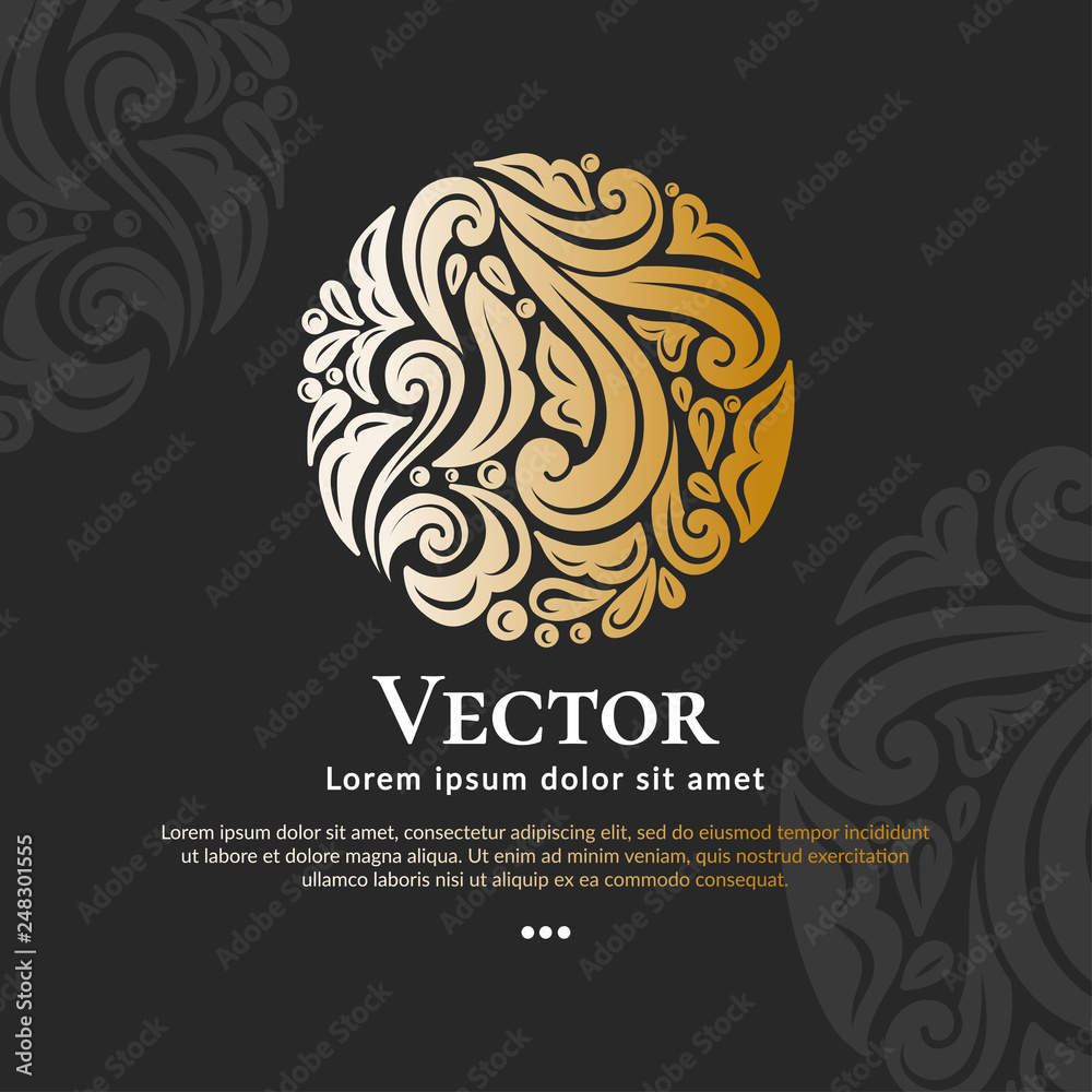 Gold vector emblem. Elegant, classic elements. Can be used for jewelry, beauty and fashion industry. Great for logo, monogram, invitation, flyer, menu, brochure, background, or any desired idea.
