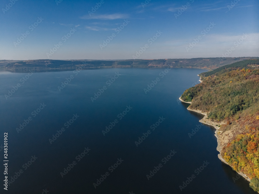 Bakota bay, Ukraine, scenic aerial view to Dniester, lake water, sunny day