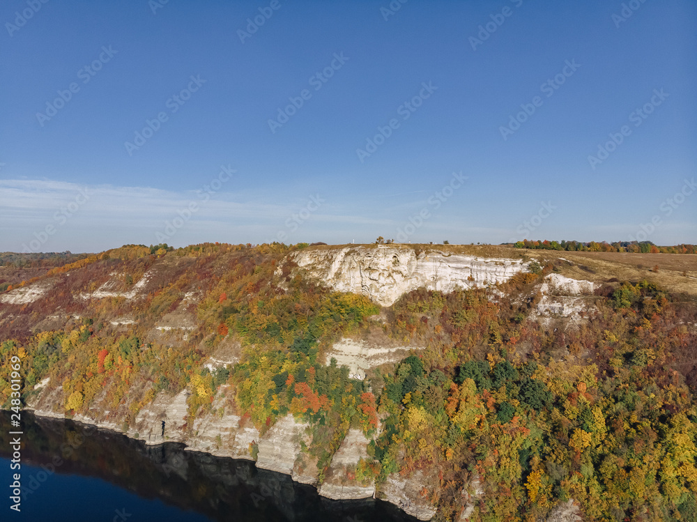 Bakota bay, Ukraine, scenic aerial view to Dniester, stones above the lake water, sunny day