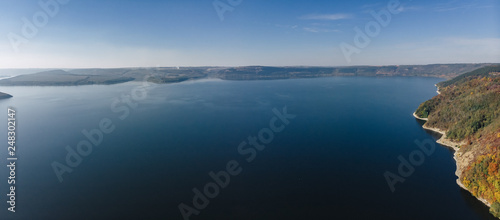 Bakota bay, Ukraine, scenic aerial view to Dniester, lake water, sunny day