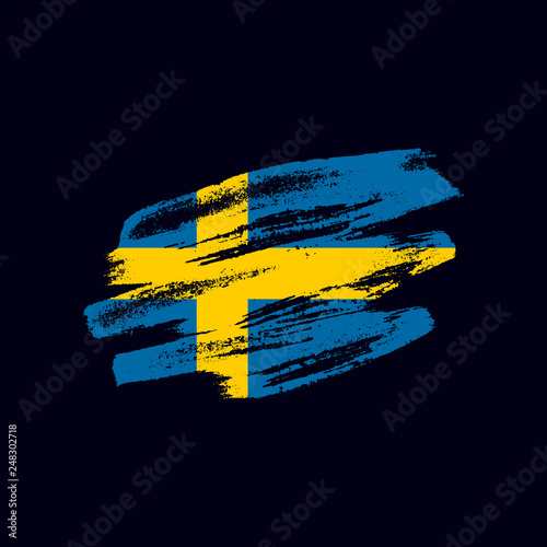 Grunge textured Swedish flag. Vector brush painted flag of Kingdom of Sweden isolated on dark blue background. Frayed and scratched the national symbol of the European country