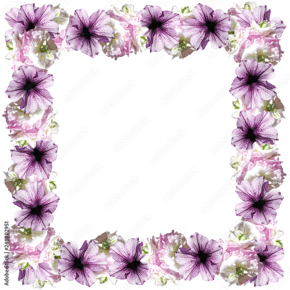 Beautiful floral frame of geraniums and petunias 