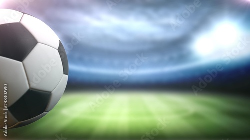 soccer ball rotates against the stadium background in the left side with space for title, logo or score background 4K Ultra HD.