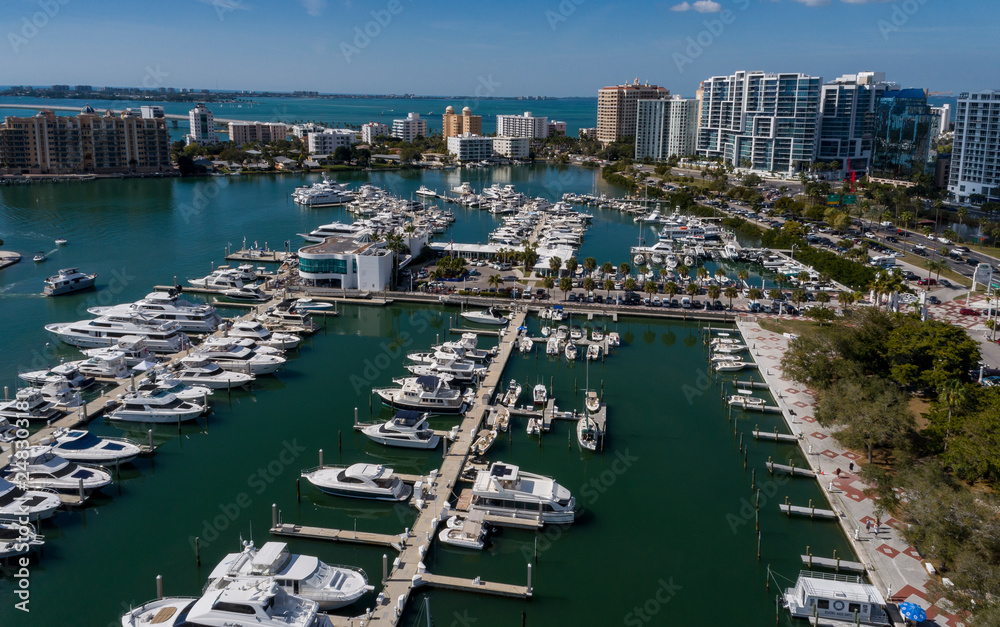 Drone view of Marina Jack from Bayfront park looking North at the Sarasota high rise landscape