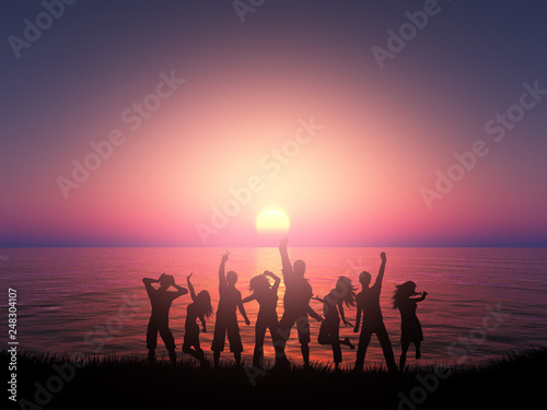 3D silhouette of people dancing against a sunset ocean landscape