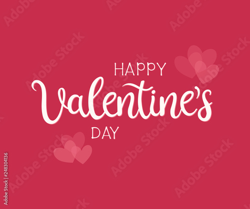 Happy Valentines Day typography poster with handwritten calligraphy text and hearts, isolated on red background. 