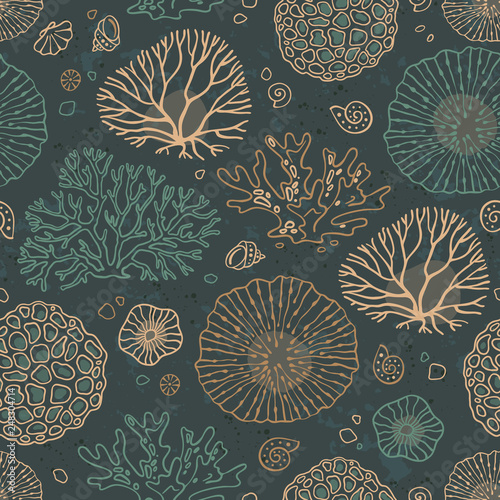 Seamless vector pattern on the marine theme with beautiful corals. Colorful background for the design and decoration of fabrics, wallpapers, home textiles, packaging and surfaces.