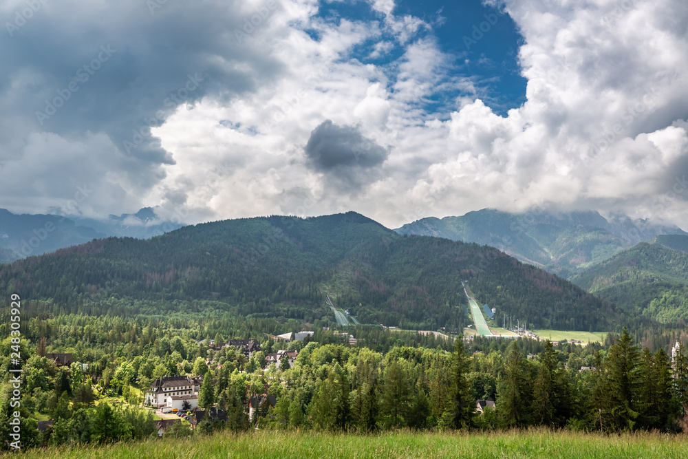 Obraz premium Cloudy day in Zakopane view to ski jump, Poland, Europe