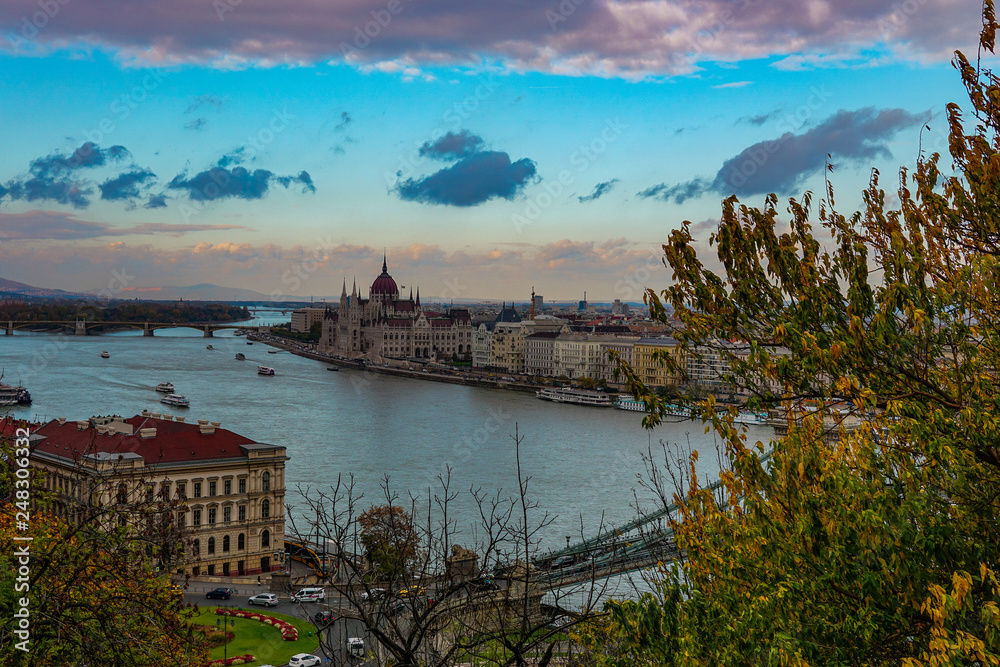 Aerial view of Budapest parliament andt the Danube river at autumn sunny day, Hungary
