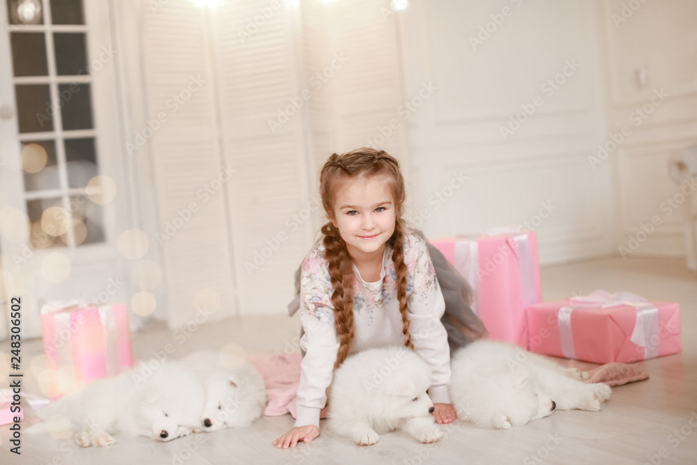 Child girl is holding puppy on her hands near pink the gift boxes Child girl is holding puppy on her hands near pink the gift boxes