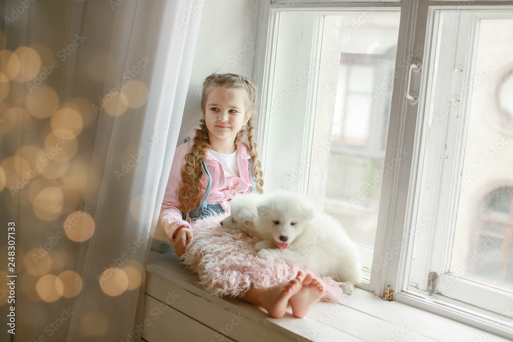 The girl with a pillow and white puppy in her arms. The girl with a pillow and white puppy in her arms.