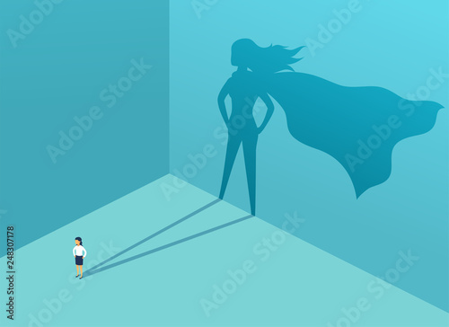 Businesswoman with shadow superhero. Super manager leader in business. Concept of success, quality of leadership, trust, emancipation. Vector illustration photo