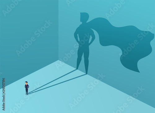 Businessman with shadow superhero. Super manager leader in business. Concept success, quality of leadership, trust. Vector illustration photo