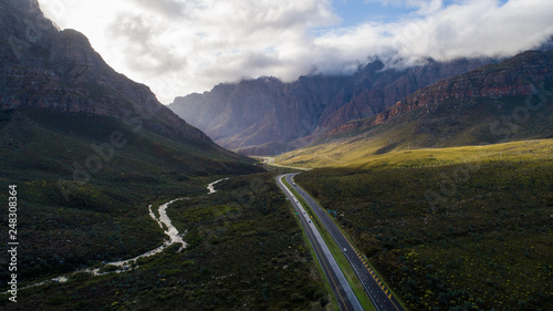 Aerial view in the Du Toitskloof pass between Cape Town and Worcester in the Western Cape of South Africa photo