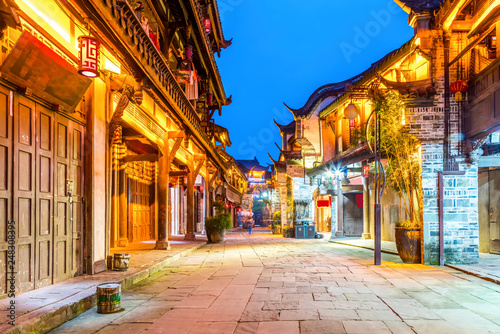 Nightscape of Chengdu Ancient Town, Sichuan Province, China..