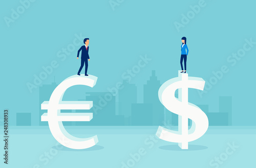 Vector of businessman standing on euro symbol and businesswoman on dollar sign