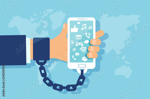 Vector of a business man hand chained to the phone with multiple social media icons