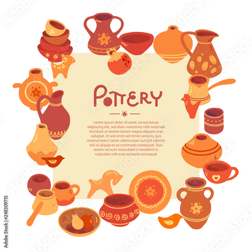 Art shop circle template with place for text. Vector line icon of clay studio tools. Pottery workshop, ceramics classes banner illustration. Hand building, sculpturing equipment.