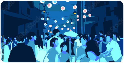 Illustration of crowded Asian street at Chinese New Year in color