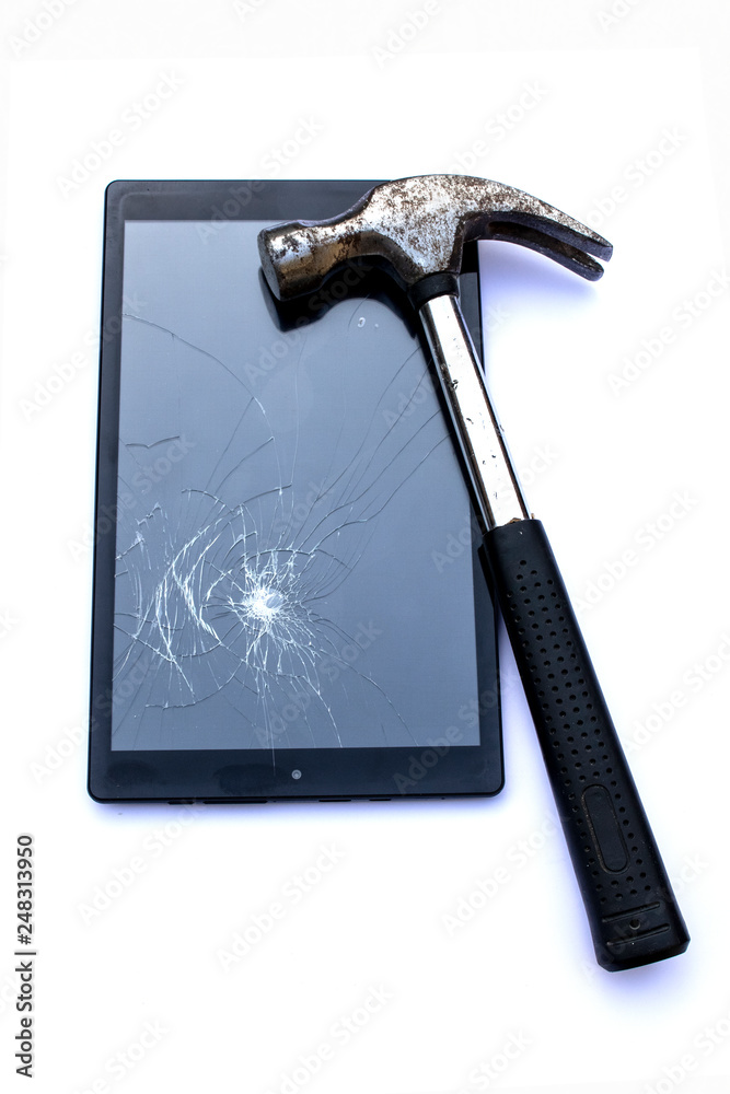 Shattered Broken iPad Tablet Screen With Hammer On White Background Stock  Photo | Adobe Stock