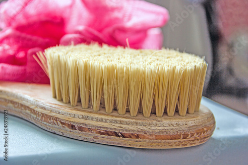 Brush with stiff bristles for the body, massage brush for cellulite, brush with wooden handle and natural bristles