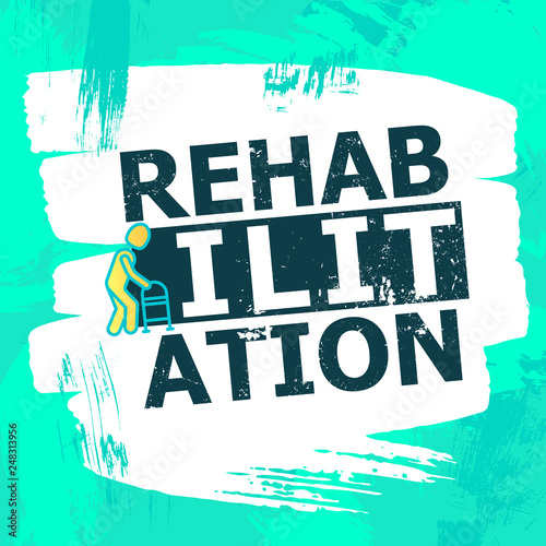 Rehabilitation poster. Man with walkers thin line icon. Modern vector illustration.