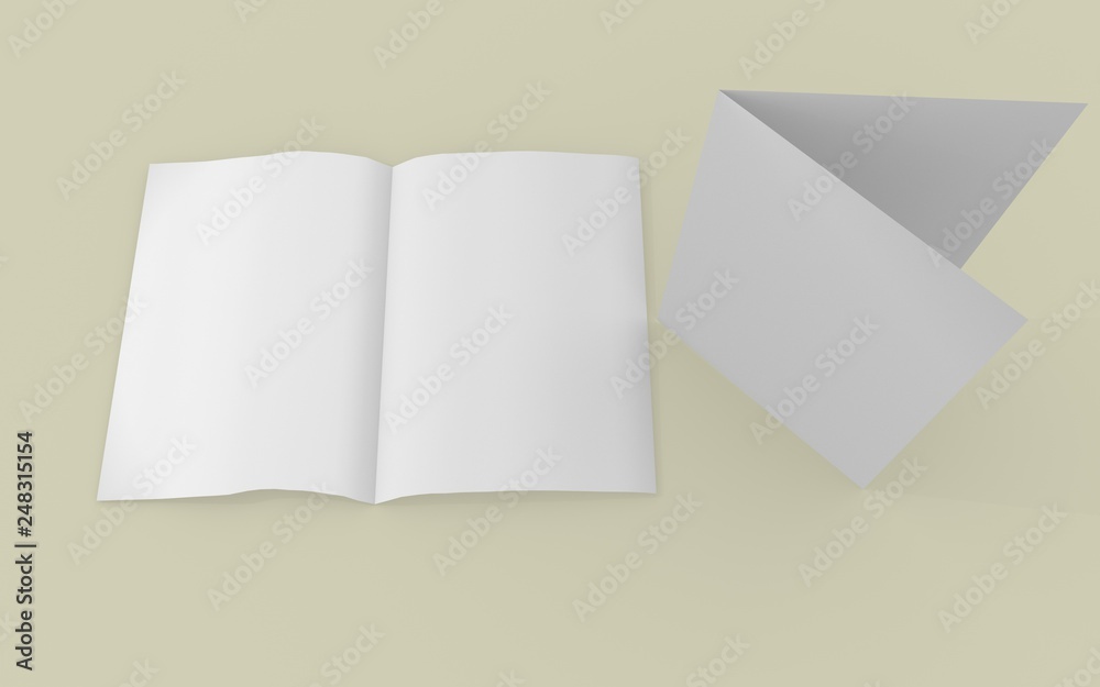 A3 A4 A5 half-fold or by-fold brochure blank white template for mock up and presentation design. 3d illustration A3 A4 A5 half-fold or by-fold brochure blank white template for mock up and presentation design. 3d illustration